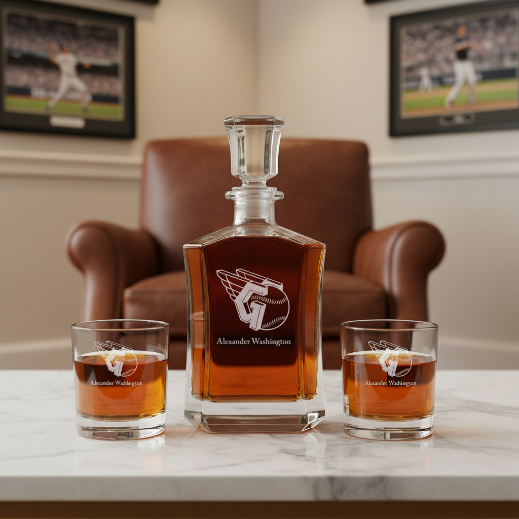 Personalized Engraved Cleveland Guardians Winged G - Major League Baseball - Custom Crown Decanter Set - Baseball Fanatic Gift Ideas