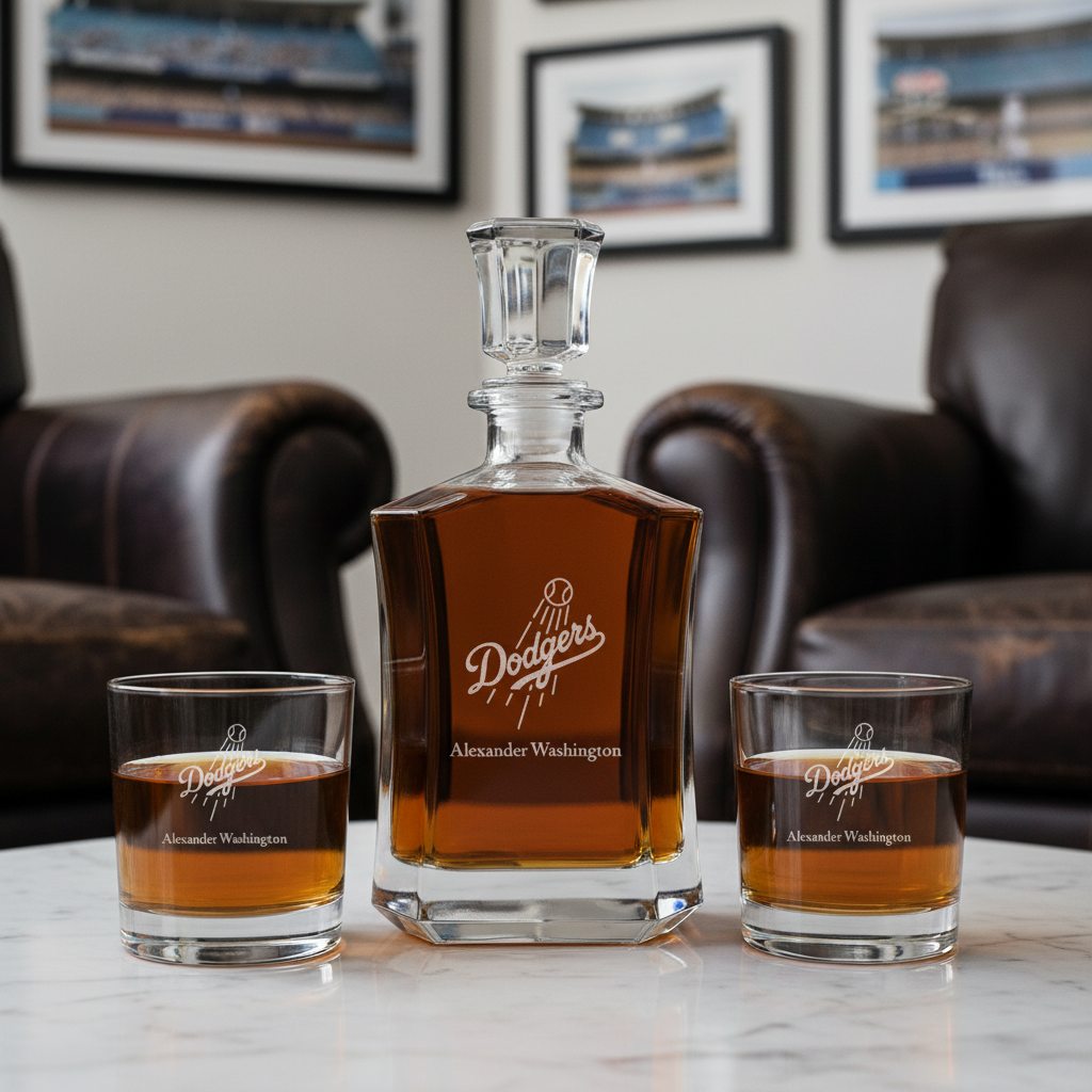 Personalized Engraved Los Angeles Dodgers Logo - Major League Baseball - Custom Crown Decanter Set - Baseball Fanatic Gift Ideas
