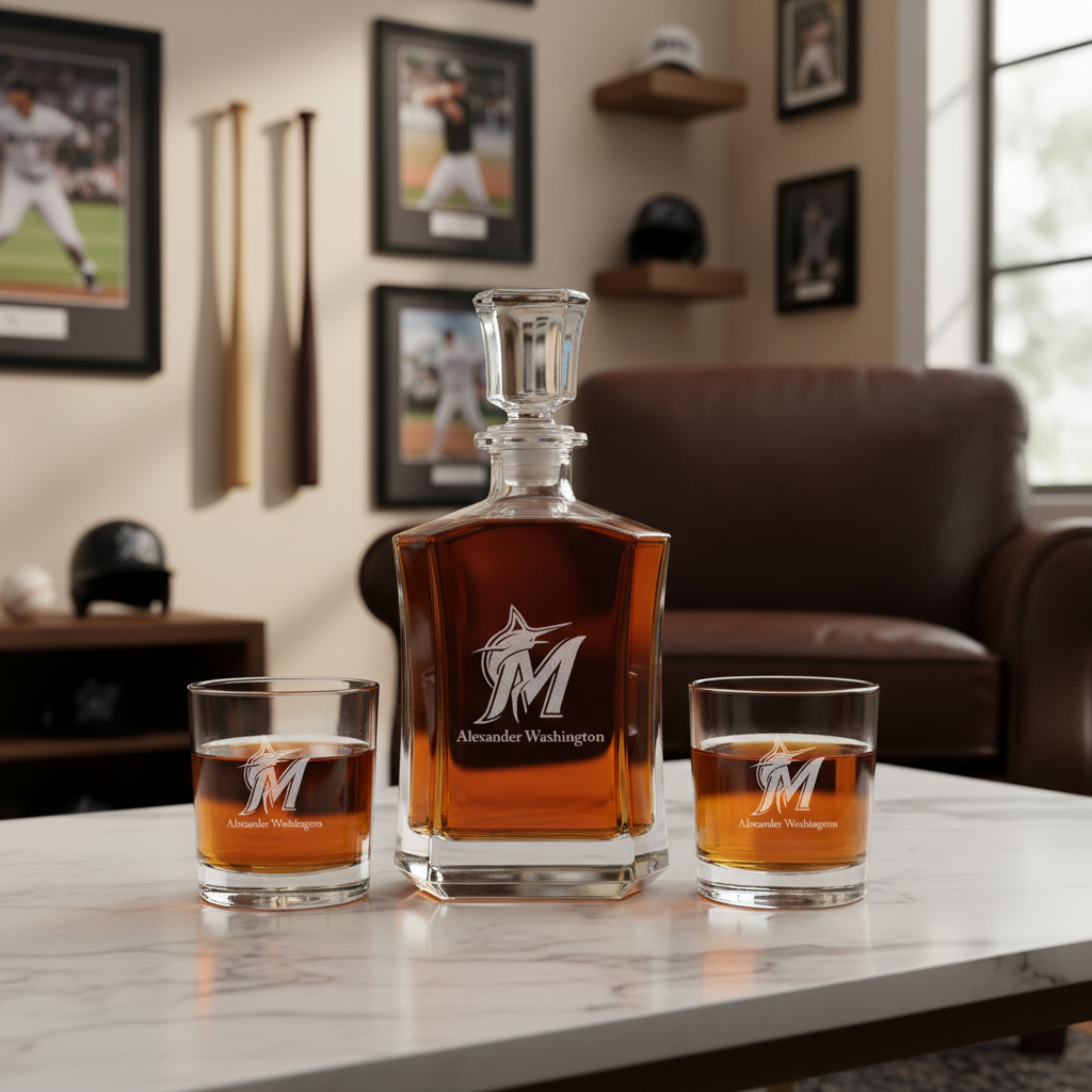 Personalized Engraved Miami Marlins Team Cap - Major League Baseball - Custom Crown Decanter Set - Baseball Fanatic Gift Ideas