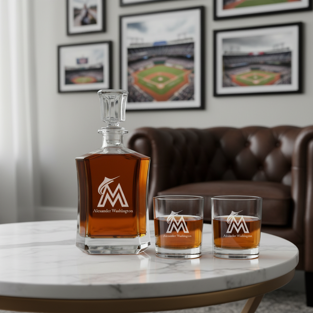 Personalized Engraved Miami Marlins Logo - Major League Baseball - Custom Crown Decanter Set - Baseball Fanatic Gift Ideas