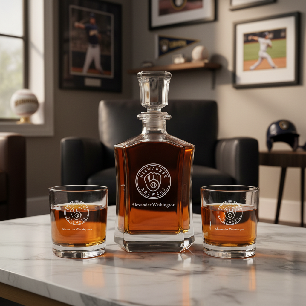 Personalized Milwaukee Brewers Logo - Major League Baseball - Custom Crown Decanter Set - Baseball Fanatic Gift Ideas