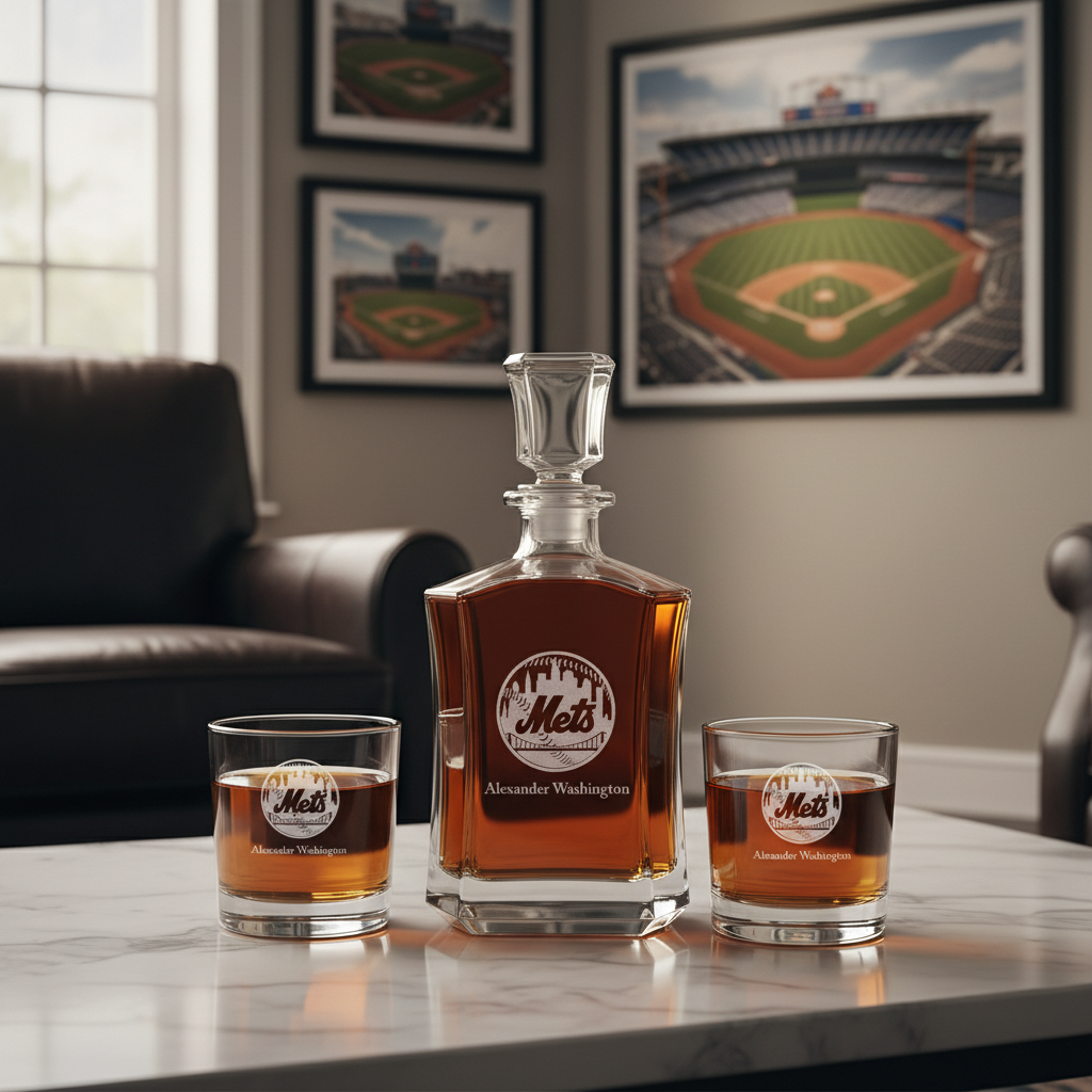 Personalized New York Mets - Major League Baseball - Custom Crown Decanter Set - Baseball Fanatic Gift Ideas