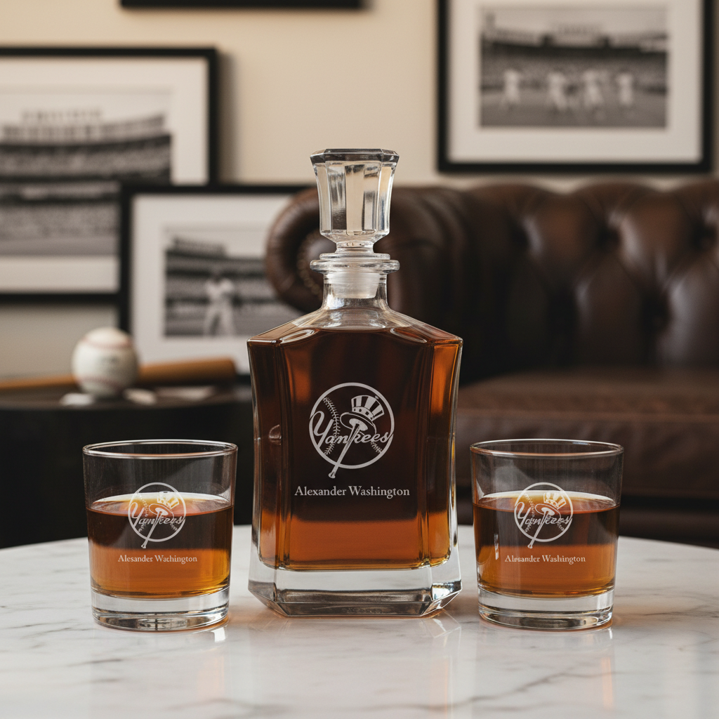 Personalized New York Yankees Logo - Major League Baseball - Custom Crown Decanter Set - Baseball Fanatic Gift Ideas