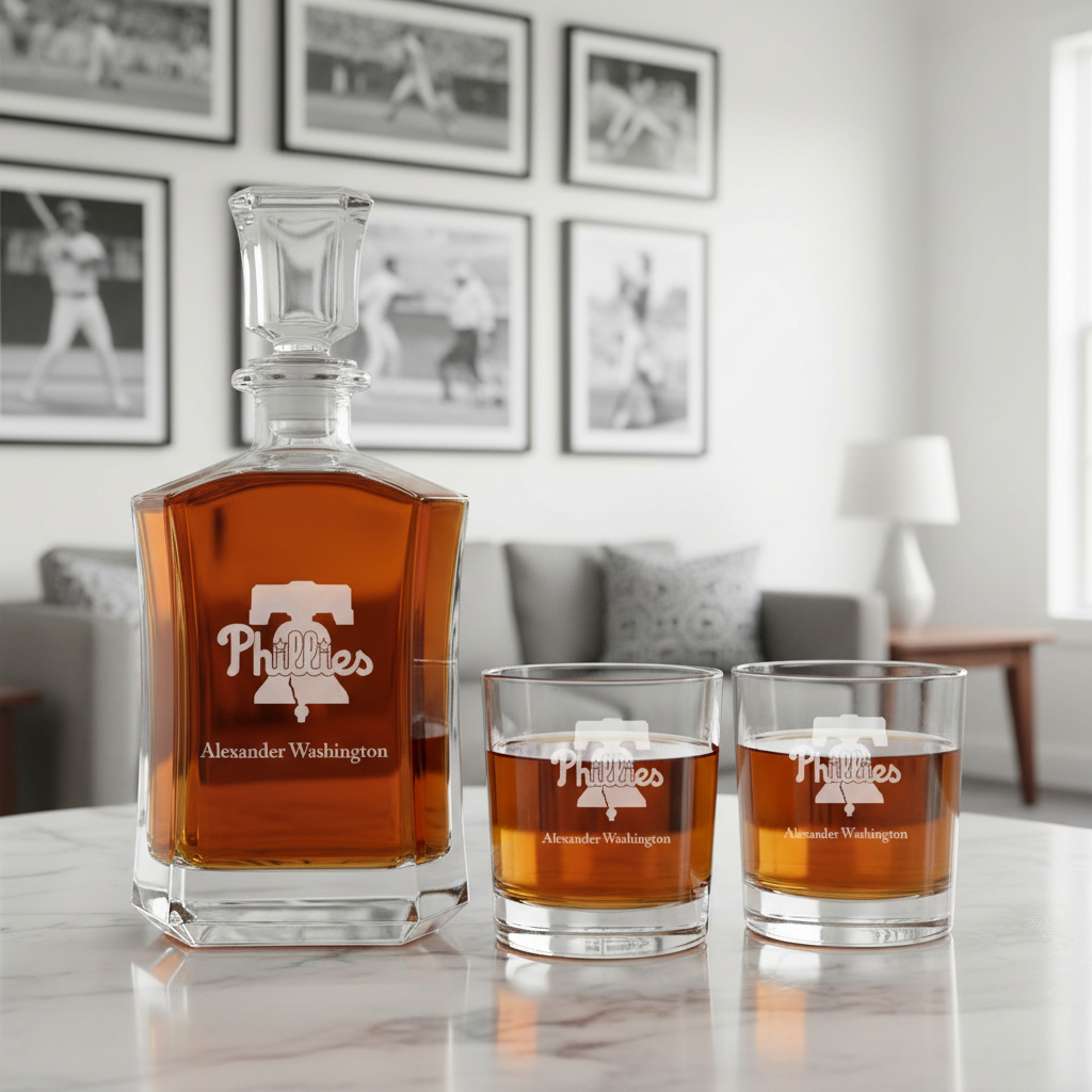 Personalized Philadelphia Phillies Logo - Major League Baseball - Custom Crown Decanter Set - Baseball Fanatic Gift Ideas