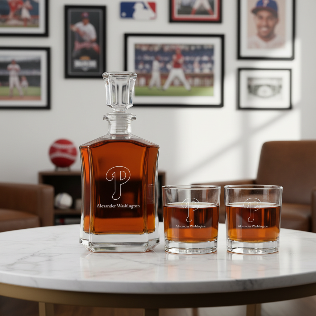 Personalized Philadelphia Phillies Insignia - Major League Baseball - Custom Crown Decanter Set - Baseball Fanatic Gift Ideas