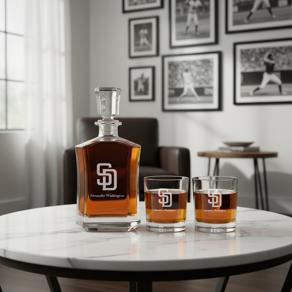 Personalized San Diego Padres Cap Logo - Major League Baseball - Custom Crown Decanter Set - Baseball Fanatic Gift Ideas