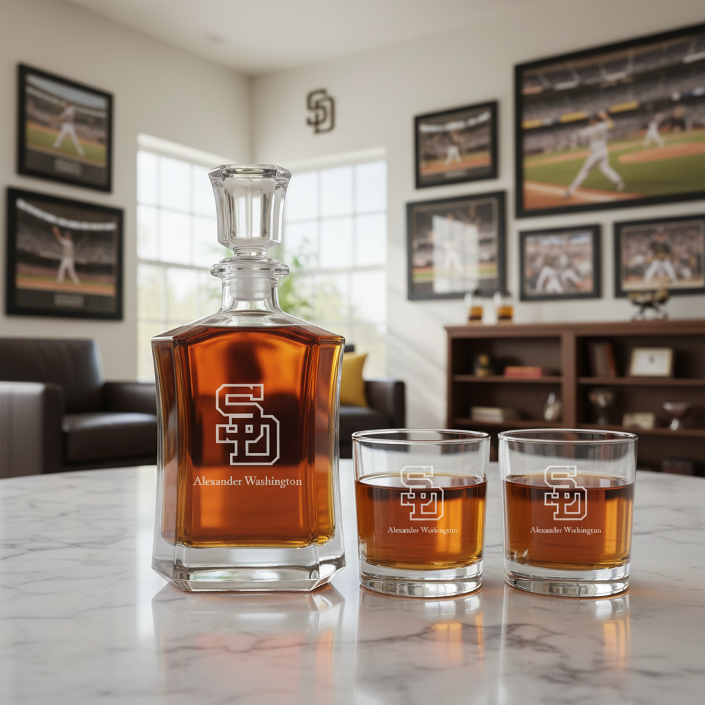 Personalized San Diego Padres Logo - Major League Baseball - Custom Crown Decanter Set - Baseball Fanatic Gift Ideas