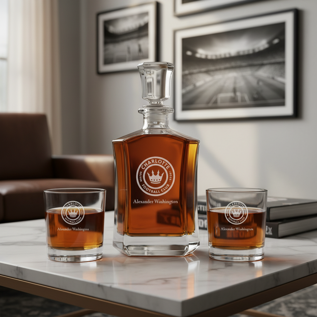 Personalized Engraved Charlotte Football Club - Major League Soccer - Custom Crown Decanter Set - Soccer Fanatic Gift Ideas