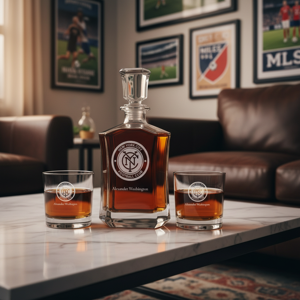 Personalized Engraved New York City FC - Major League Soccer - Custom Crown Decanter Set - Soccer Fanatic Gift Ideas