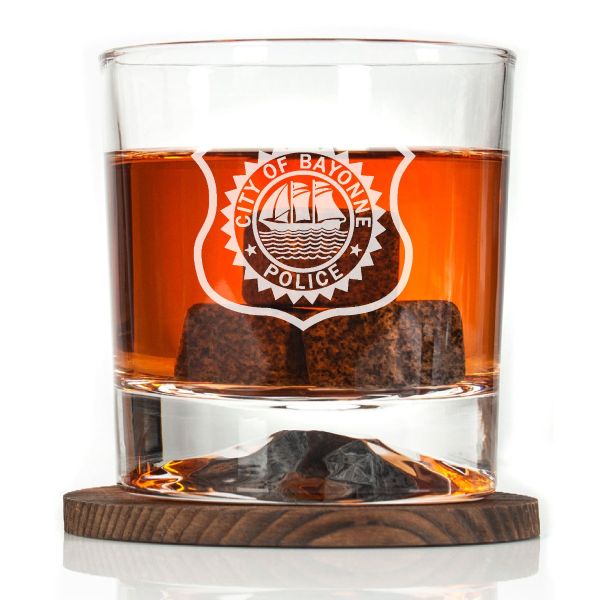Custom Engraved - Police Badges - Personalized Whiskey Glasses In Wood Gift Box-City of Bayonne NJ Patch