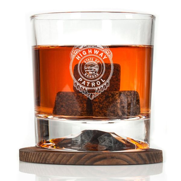 Custom Engraved - Police Badges - Personalized Whiskey Glasses In Wood Gift Box - Highway Patrol State of Kansas Badge
