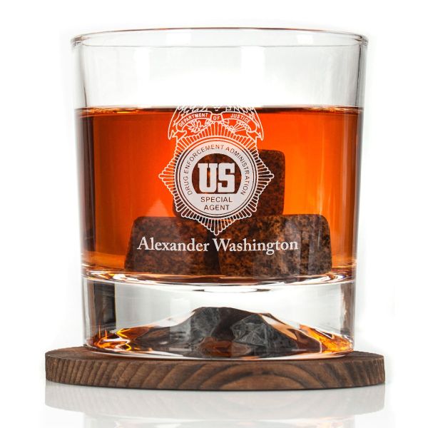 Custom Engraved - Police Badges - Personalized Whiskey Glasses In Wood Gift Box - US DEA Badge