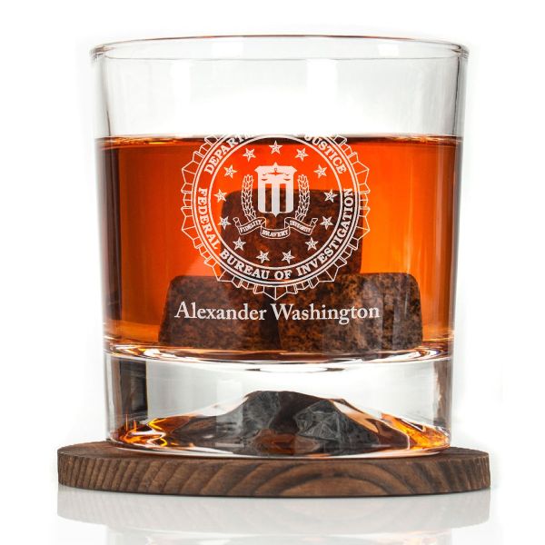 Custom Engraved - Police Badges - Personalized Whiskey Glasses In Wood Gift Box - FBI Patch