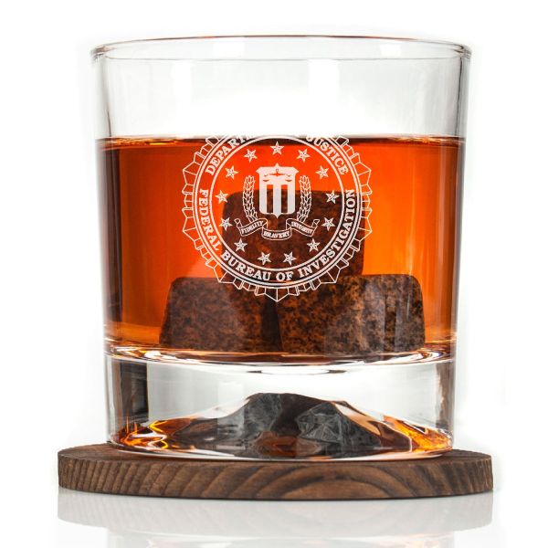 Custom Engraved - Police Badges - Personalized Whiskey Glasses In Wood Gift Box - FBI Patch