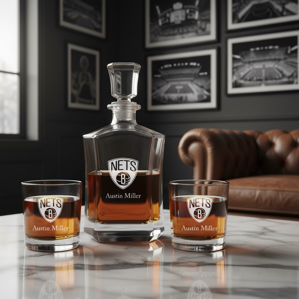 Personalized B Nets Basketball - Crown Decanter Gift Set - Basketball Fanatic Gift Ideas