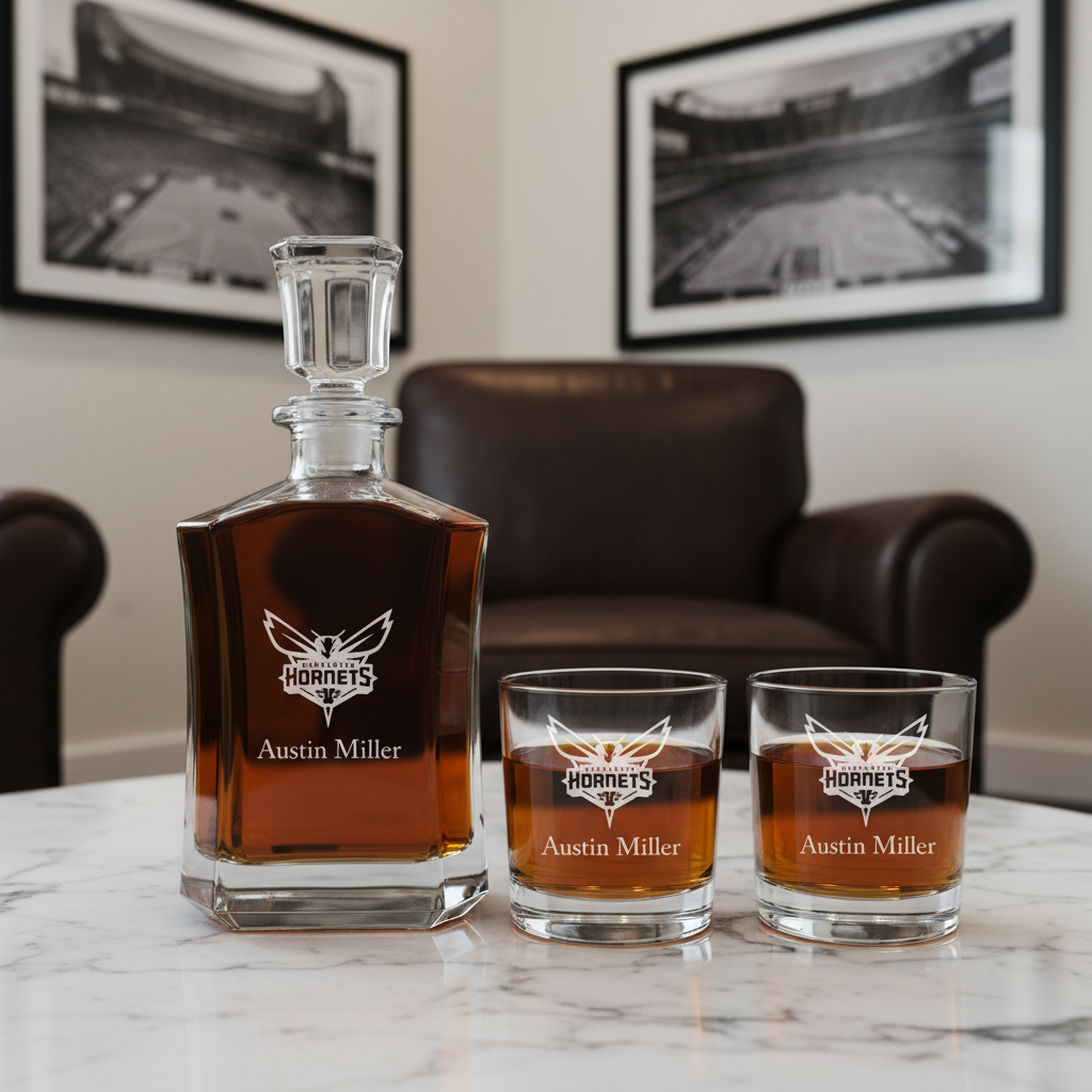 Personalized Charlotte Hornets - Crown Decanter Gift Set - Basketball Fanatic Gift Ideas