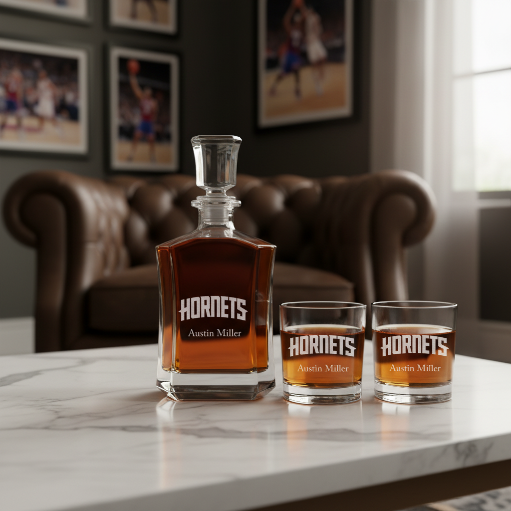 Personalized Hornets - Crown Decanter Gift Set - Basketball Fanatic Gift Ideas