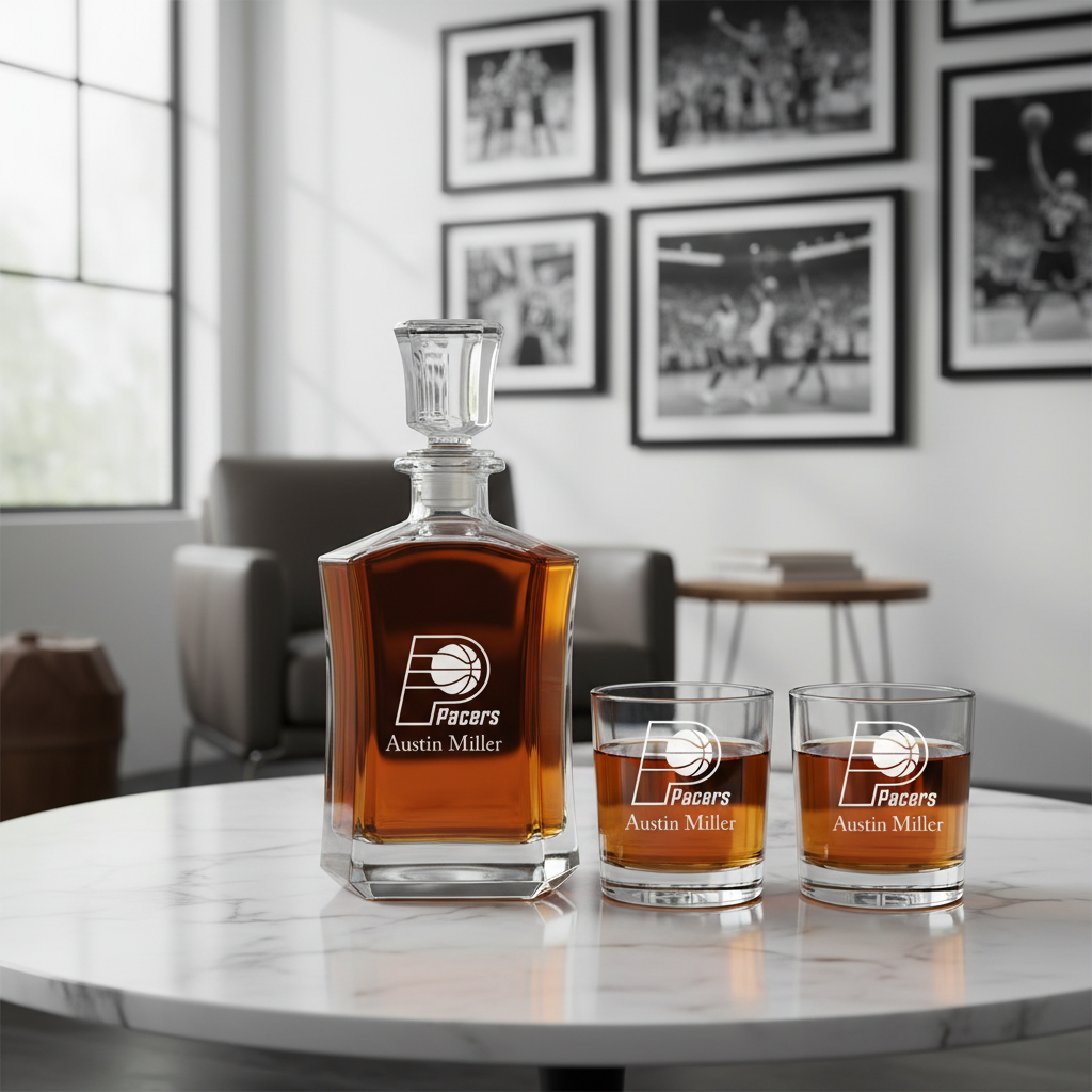 Personalized Pacers Emblem - Crown Classic Decanter Gift Set - Basketball Fanatic Gift Ideas