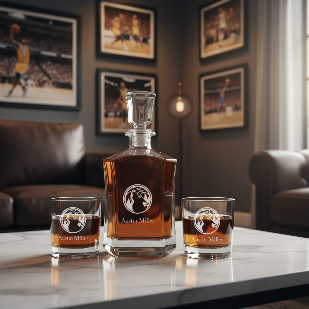Engraved Timberwolves Emblem - Personalized Crown Decanter - Basketball Fanatic Gift Ideas - Man Cave Gifts