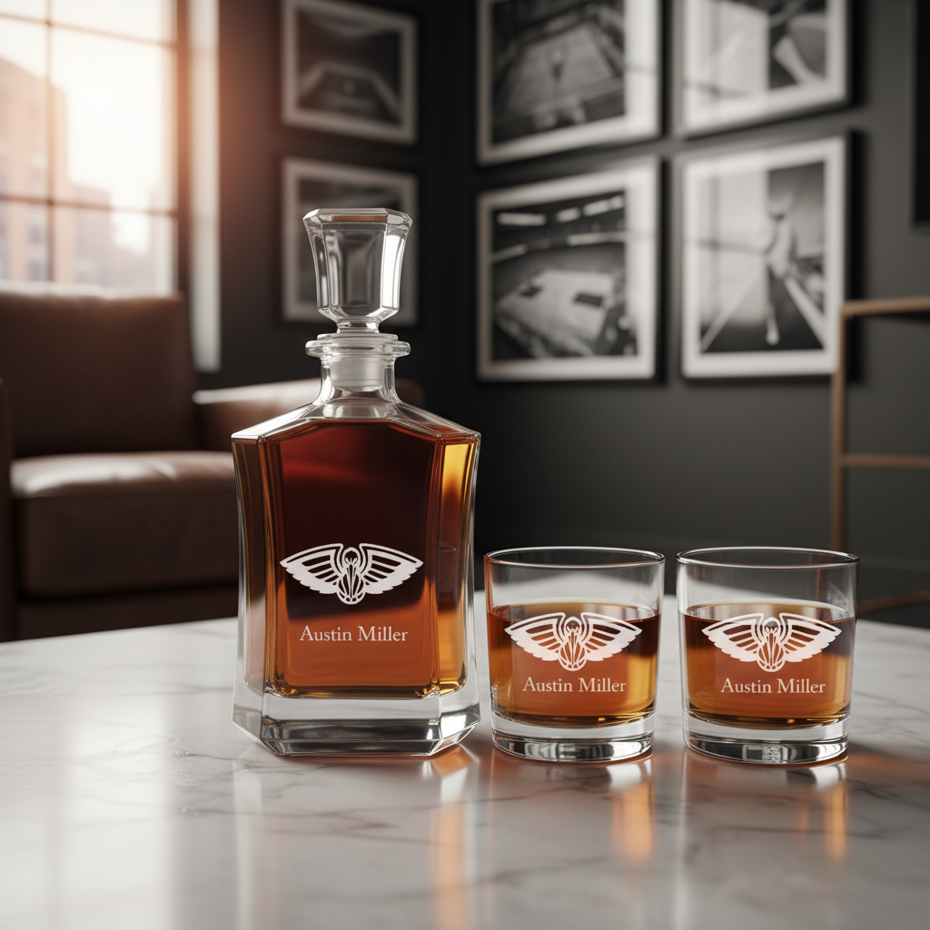 Engraved Pelicans Emblem - Personalized Crown Decanter - Basketball Fanatic Gift Ideas - Man Cave Gifts