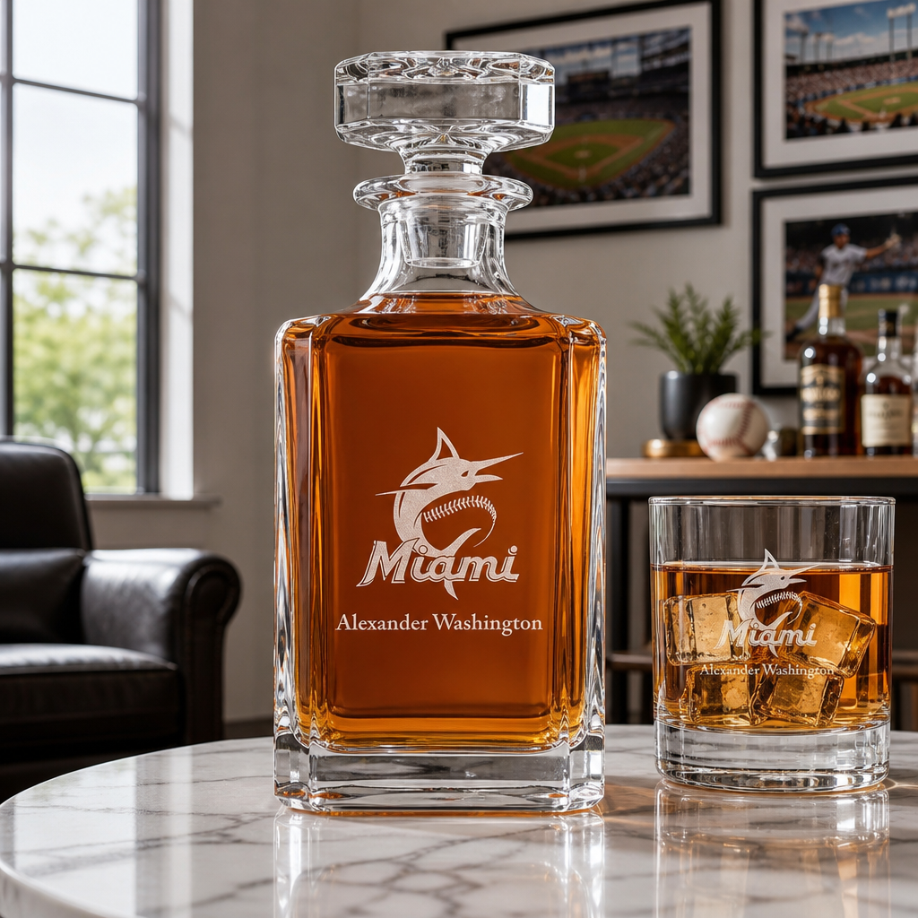 Engraved Marlins Team Logo - Major league Baseball - Personalized Classic Decanter Set with Old Fashioned Whiskey Glasses