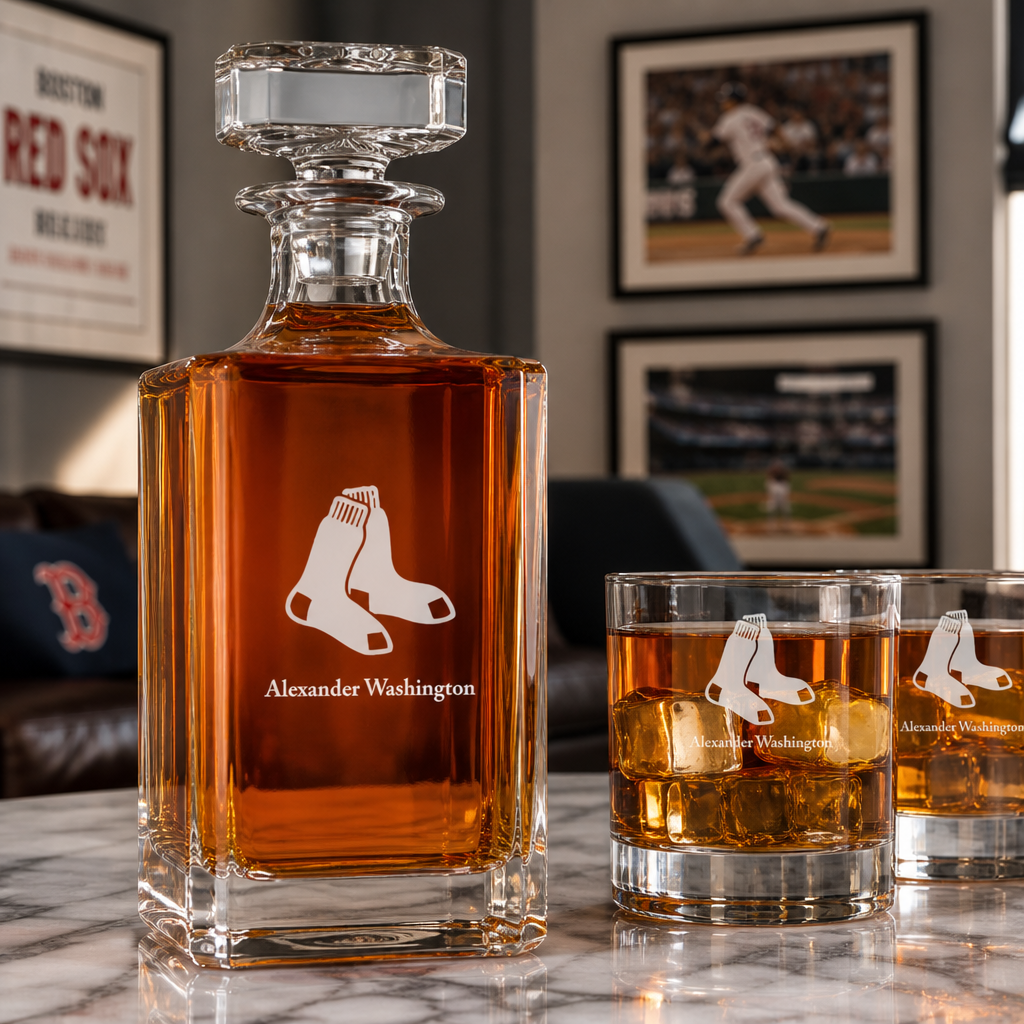 Engraved Red Sox Hanging Socks - Major League Baseball - Personalized Classic Decanter Set with Old Fashioned Whiskey Glasses