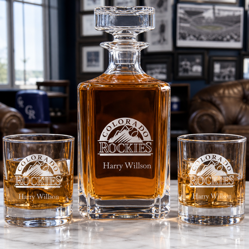 Engraved Rockies - Personalized Classic Decanter Set with Old Fashioned Whiskey Glasses