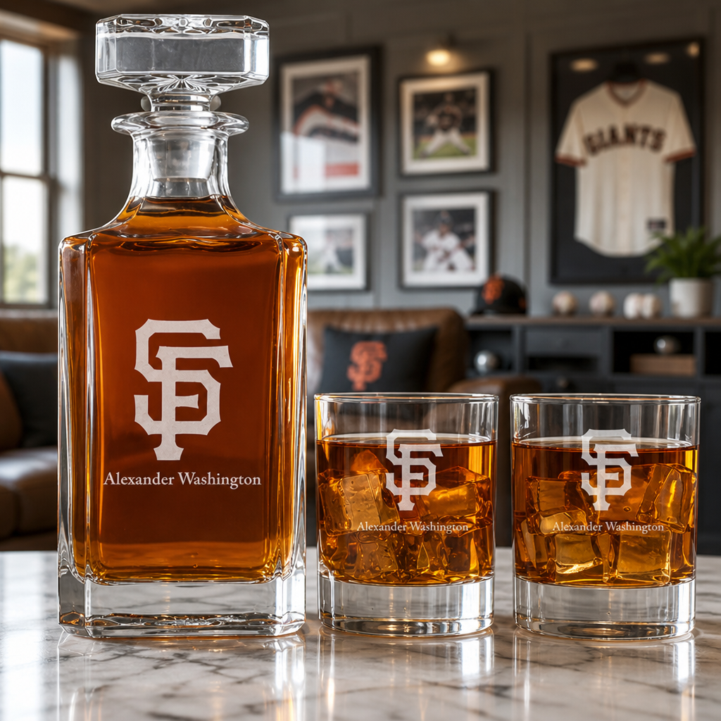 Engraved San Francisco Giants Cap Logo - Major League Baseball - Personalized Classic Decanter Set with Old Fashioned Whiskey Glasses