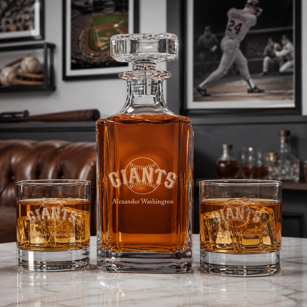 Engraved San Francisco Giants Logo - Major League Baseball - Personalized Classic Decanter Set with Old Fashioned Whiskey Glasses