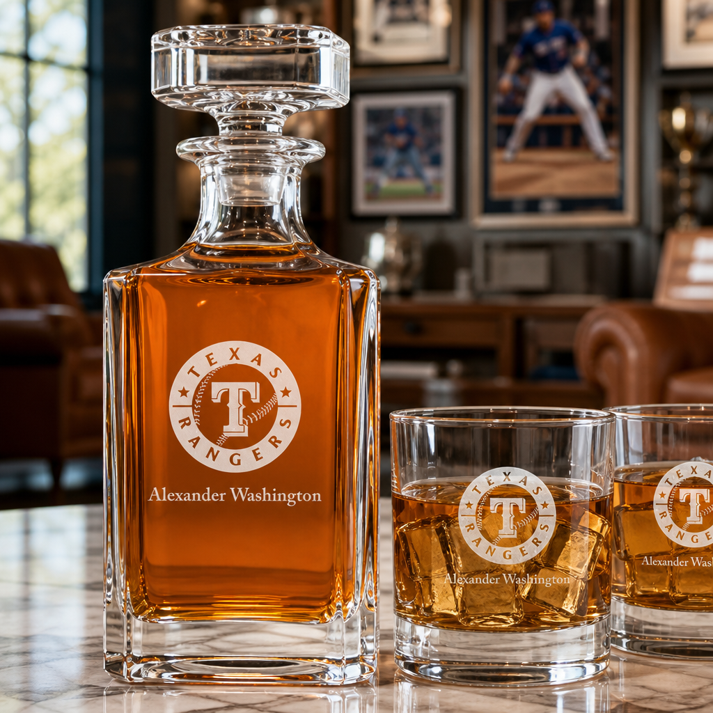 Engraved Texas Rangers - Major League Baseball - Personalized Classic Decanter Set with Old Fashioned Whiskey Glasses