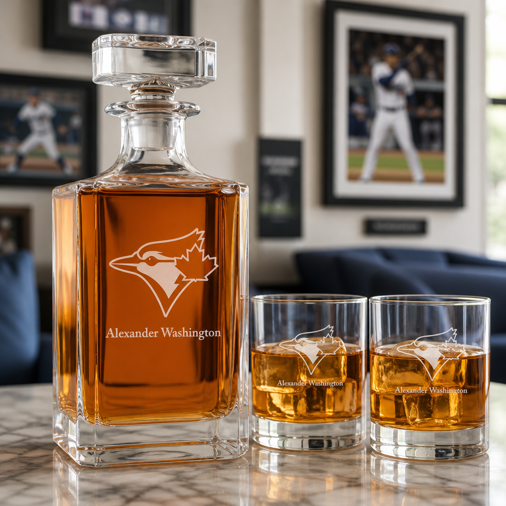 Engraved Toronto Blue Jays - Major League Baseball - Personalized Classic Decanter Set with Old Fashioned Whiskey Glasses