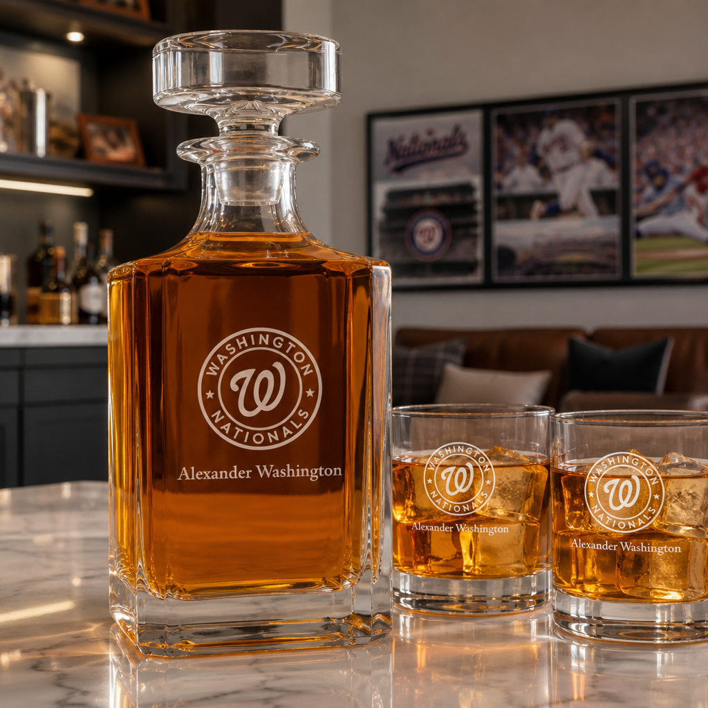 Engraved Washington Nationals Insignia - Major League Baseball - Personalized Classic Decanter Set with Old Fashioned Whiskey Glasses