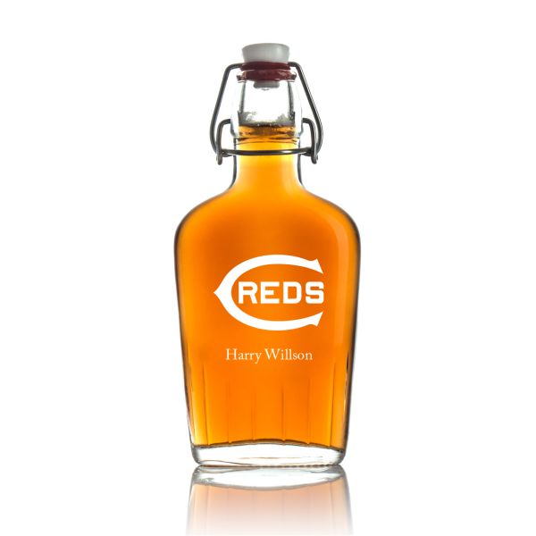 Engraved Cincinnati Reds - Personalized Bormioli Rocco Glass Swing Top Pocket Flask