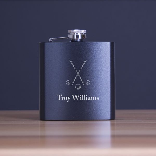 Custom Engraved Golf Cubs and Ball - Personalized 6oz Matte Black Powder Coated Stainless Steel Flask