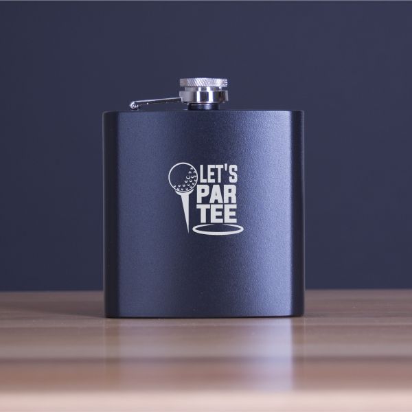 Custom Engraved Lets Par Tee - Personalized 6oz Matte Black Powder Coated Stainless Steel Flask