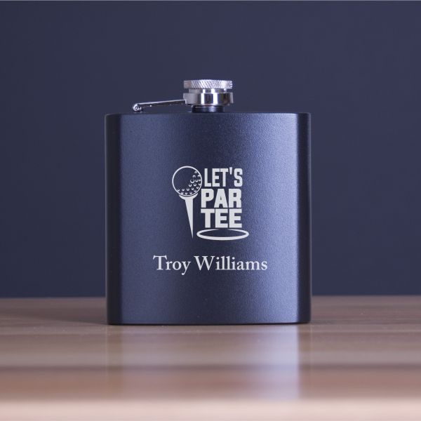 Custom Engraved Lets Par Tee - Personalized 6oz Matte Black Powder Coated Stainless Steel Flask