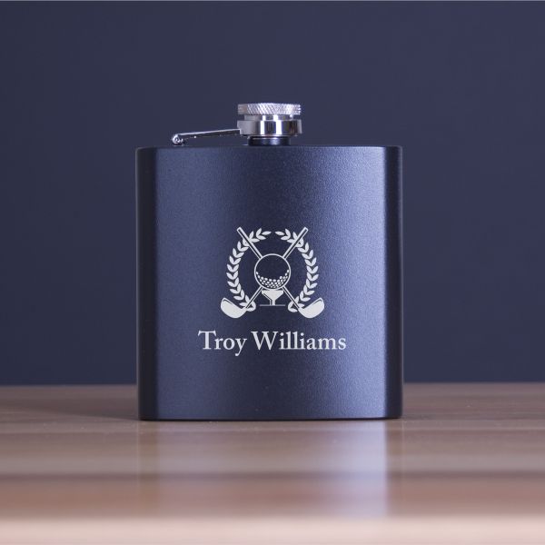 Custom Engraved Golf Emblem with Clubs - Personalized 6oz Matte Black Powder Coated Stainless Steel Flask