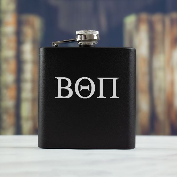 Personalized 6oz Matte Black Powder Coated Stainless Steel FSK602 Custom Engraved Beta Theta Pi