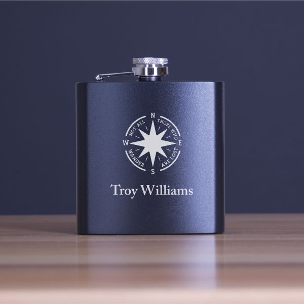 Engraved Not All Those Who Wander Are Lost - Personalized 6oz Matte Black Powder Coated Stainless Steel FSK602