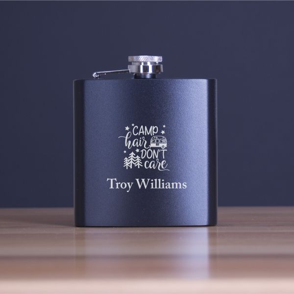 Engraved Camp Hair Do Not Care - Personalized 6oz Matte Black Powder Coated Stainless Steel FSK602