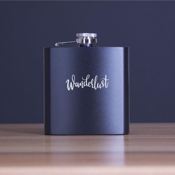 Engraved Wanderlust - Personalized 6oz Matte Black Powder Coated Stainless Steel FSK602