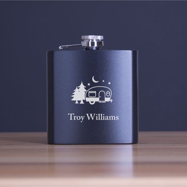 Engraved Camping Trailer - Personalized 6oz Matte Black Powder Coated Stainless Steel FSK602