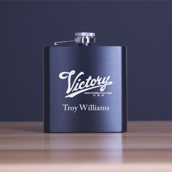 Custom Engraved Victory Motorcycles USA - Personalized 6oz Matte Black Powder Coated Stainless Steel FSK602
