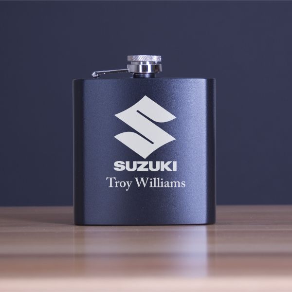 Custom Engraved Suzuki - Personalized 6oz Matte Black Powder Coated Stainless Steel FSK602