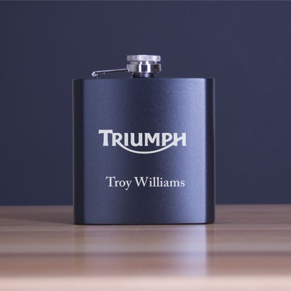 Custom Engraved Triumph Logo - Personalized 6oz Matte Black Powder Coated Stainless Steel FSK602