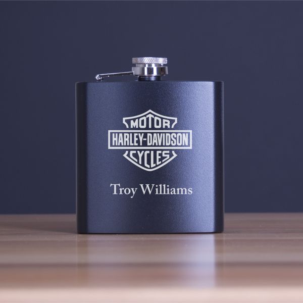Custom Engraved Motor Harley Davidson Cycles Logo- Personalized 6oz Matte Black Powder Coated Stainless Steel FSK602