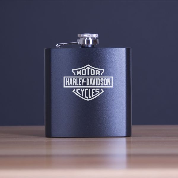 Custom Engraved Motor Harley Davidson Cycles Logo- Personalized 6oz Matte Black Powder Coated Stainless Steel FSK602