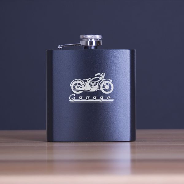 Custom Engraved Motorcyle Garage - Personalized 6oz Matte Black Powder Coated Stainless Steel FSK602