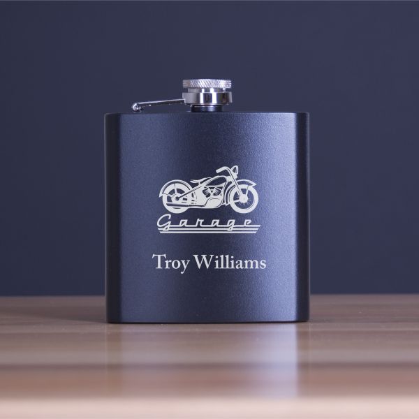 Custom Engraved Motorcyle Garage - Personalized 6oz Matte Black Powder Coated Stainless Steel FSK602