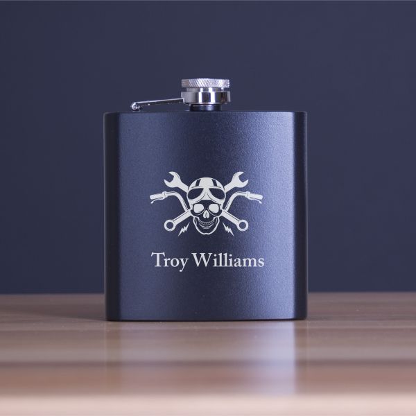 Custom Engraved Motorcycle Club Cross Bones - Personalized 6oz Matte Black Powder Coated Stainless Steel FSK602